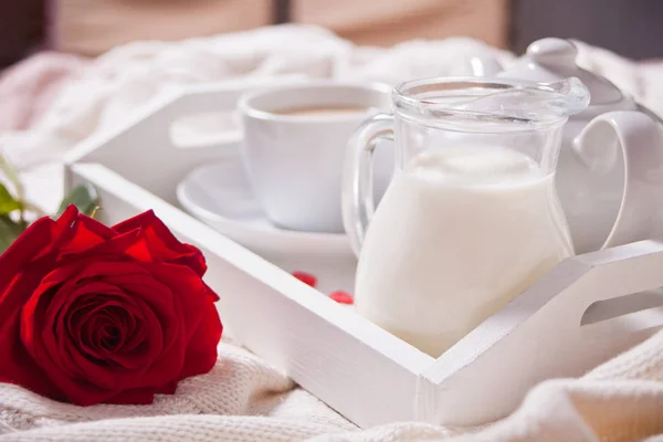 Close up of cup of tea with red rose on the white tray — Stock Photo, Image