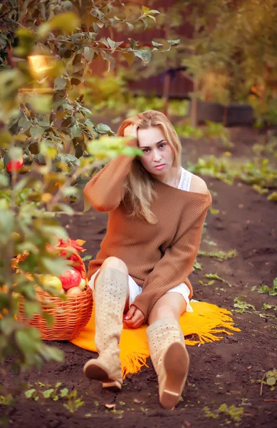 Kvinna med korg med mogna äpplen sittande på en gul filt. Äpple skörd. Höstens koncept. Picknick koncept — Stockfoto