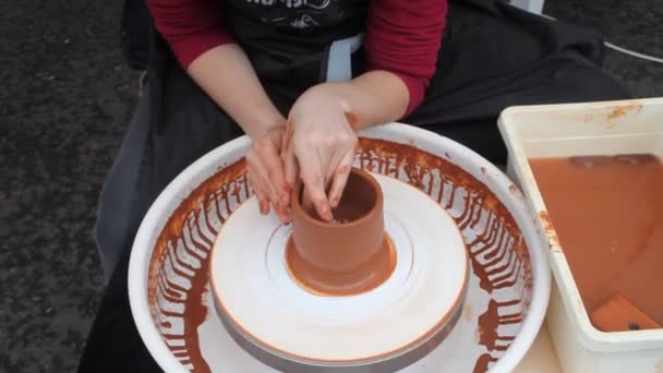 Girl Hand Process Making Clay Pottery Potter Wheel — Stock Video