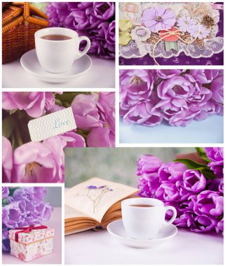 Kolaj mor renklerde altı fotoğraf yapılmış. Çay, kitap ve menekşe lalefincanı