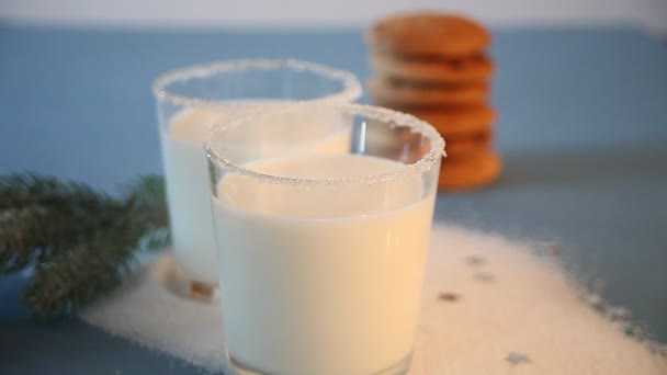 Woman Hand Put Christmas Cookies Glasses Milk Christmas Tree Branch — Stock Video