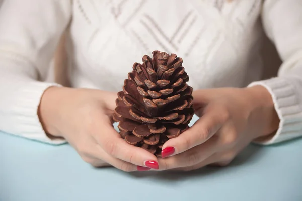 Mulher segurando uma decoração de Natal grande cone de pinho em uma mão no fundo azul — Fotografia de Stock