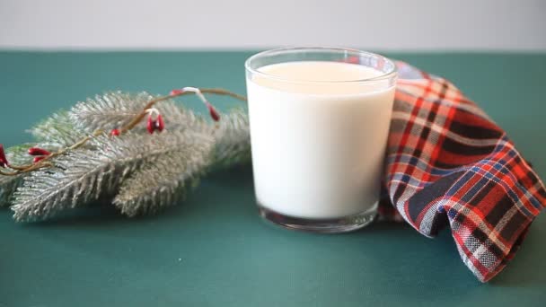 Christmas Cookies Santa Woman Hand Put Cookies Glass Milk Pine — Stock Video