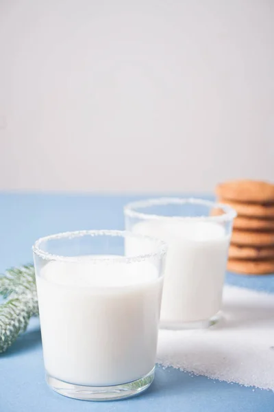 Стаканы молока, сосновая ветвь и домашнее печенье на синем фоне — стоковое фото