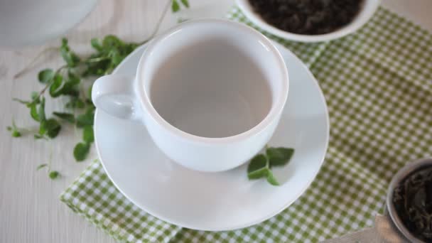 Mujer Mano Vertiendo Una Taza Verde Negro Fresco Desintoxicación Bebida — Vídeo de stock