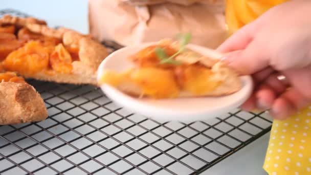 Woman Hand Put Galette Tart Pie Fresh Ripe Apricot Metal — Stock Video