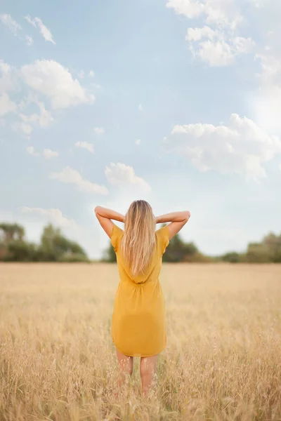 Jovem Mulher Fica Costas Campo Trigo Toca Seu Cabelo — Fotografia de Stock