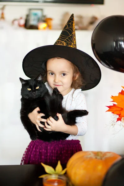 万圣节前夕穿着巫婆服装 手里拿着黑猫的滑稽小女孩 — 图库照片