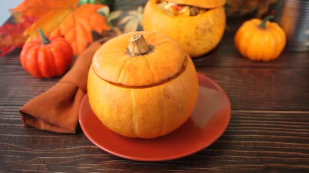 Fresh Cooked Pumpkin Soup Served Pumpkin Stuffed Pumpkin Woman Hand — Stock Video