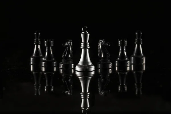 Chess Pieces Black Reflective Background High Resolution Image Sport Finance — Stock Photo, Image