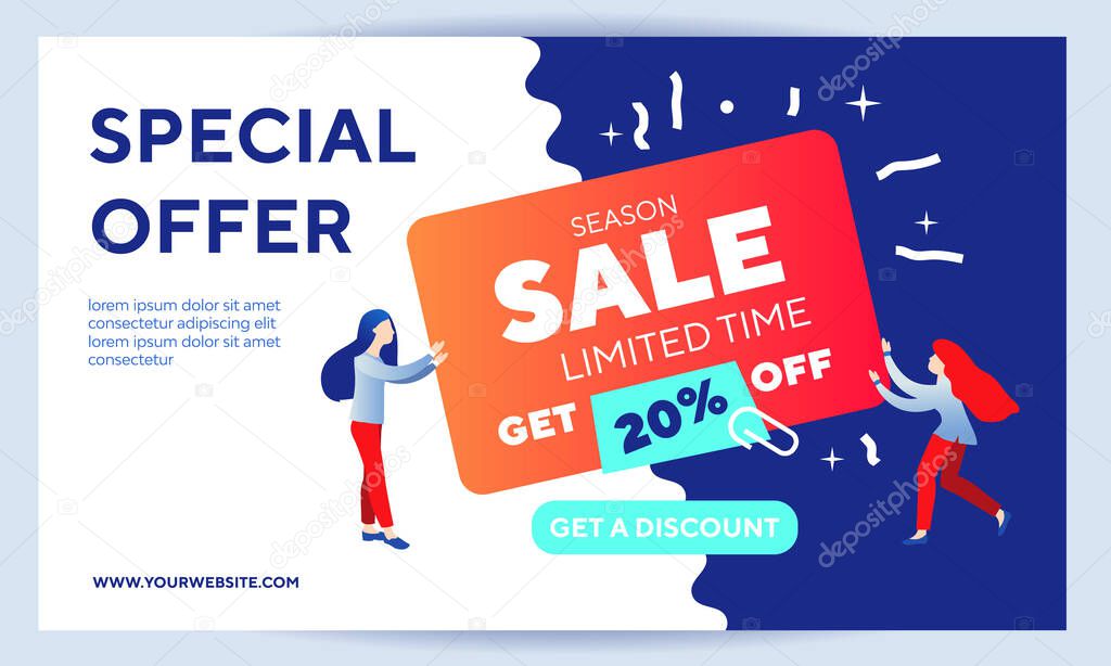 special offer super sale people holding card vector illustration