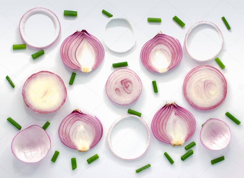 sliced red onion isolated on white background,top view