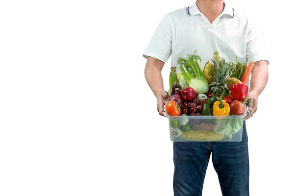 Erkeklerin sebze dağıtım elemanları beyaz arka planda izole edilmiş, fotokopi alanı, sebze kutusu....