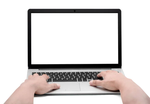 Dizüstü bilgisayarda çalışan erkek elleri kesme yolu olan beyaz arka planda izole edilmiş, evden çalışıyor, internette bilgi arıyor, online alışveriş yapıyor, Coronavirus.