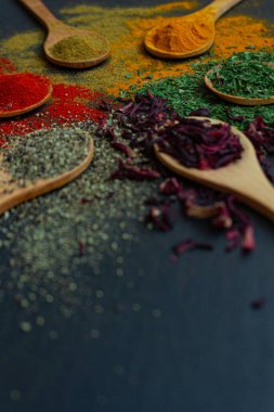 Tahta kaşıklarda baharat arkaplanı. Baharat dokusu. Hibiscus, karabiber, paprika, kimyon, köri, maydanoz.