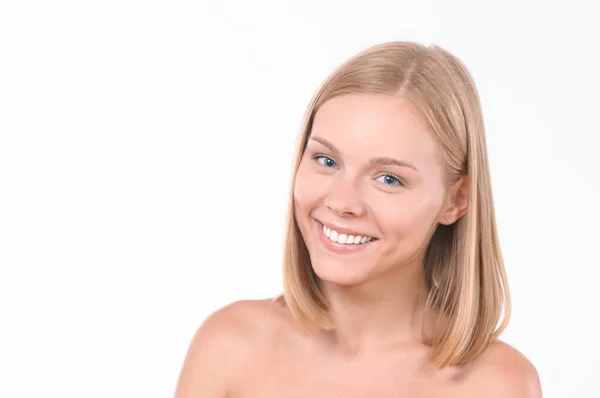 Pretty Smiling Joyfully Female Blonde Hair Studio Shot Good Looking — Stock Photo, Image