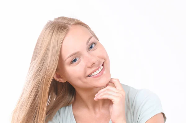 Pretty Smiling Joyfully Female Blonde Hair Studio Shot Good Looking — Stock Photo, Image