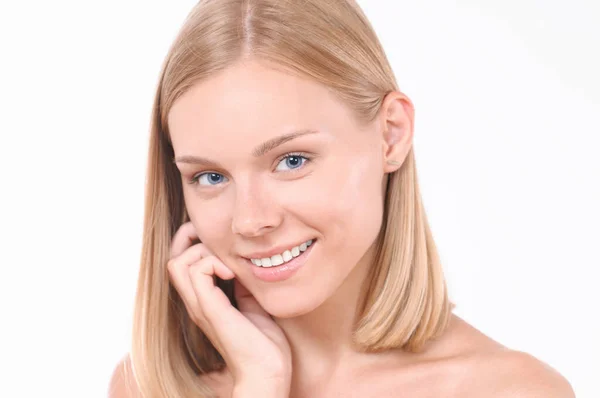 Pretty Smiling Joyfully Female Blonde Hair Studio Shot Good Looking — Stock Photo, Image