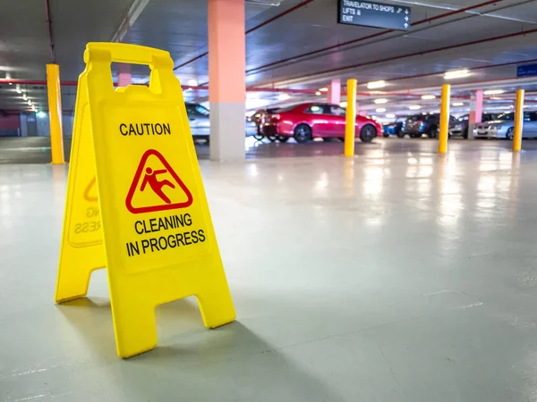 Warning Janitorial Sign Cleaning Progress Car Park Warn Passersby Safety — Stock Photo, Image