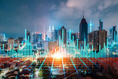 FOREX grafik hologramı, Kuala Lumpur 'un hava gece panoramik şehir manzarası. KL, Asya, Malezya 'da borsa araştırmacıları için geliştirilmiş bir yerdir. Temel analiz kavramı.
