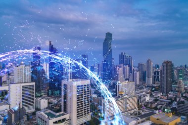 Bangkok şehri ve teknolojisi Hud 'a çoklu pozlama çekiyor. Gün batımı.