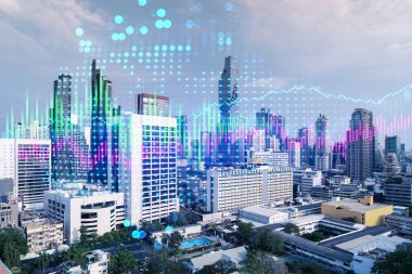 Financial stock chart hologram over panorama city view of Bangkok, business center in Asia. The concept of international transactions. Double exposure. clipart