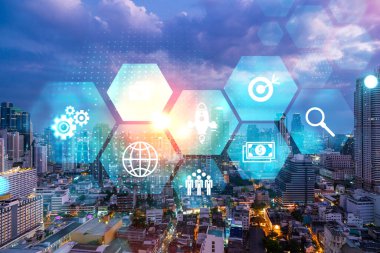 Araştırma ve teknolojik gelişim simgeleri parlıyor. Bangkok 'un panoramik şehir manzarası. Asya 'da yeni hizmetleri veya ürünleri genişleten yenilikçi faaliyetler kavramı. Çift pozlama.