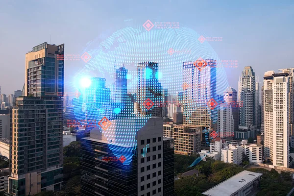 Glowing hologram of Earth planet map on aerial panoramic cityscape of Bangkok at sunset, Asia. The concept of international business. Multi Exposure.