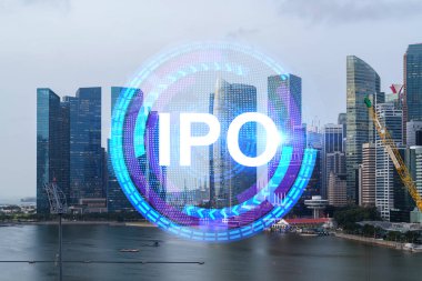 Halka arz hologramı, Asya 'da halka arz edilen ilk halka arz merkezi olan Singapur' un Panorama şehri görüntüsü üzerinde. İş fırsatlarını aşma kavramı. Çift pozlama.