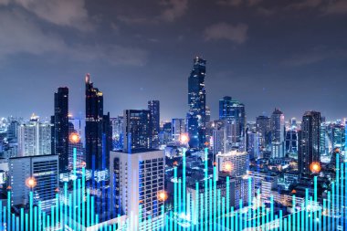 Borsa grafiği hologramı, Bangkok 'un gece manzarası, Asya' da mali eğitim almak için popüler bir yer. Uluslararası araştırma kavramı. Çift pozlama.