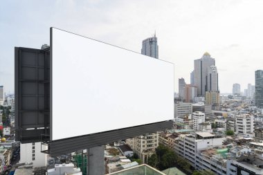Blank white road billboard with Bangkok cityscape background at day time. Street advertising poster, mock up, 3D rendering. Side view. The concept of marketing communication to promote or sell idea. clipart