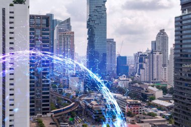 Soyut teknoloji hologramları Bangkok, Asya 'nın panorama şehri görüntüsü üzerinde simgeler. İnsanların ağ kurma ve bağlantı kurma kavramı. Çift pozlama.
