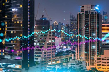 FOREX grafik hologramı, Bangkok 'un hava gece panoramik şehri Asya' daki borsa araştırmacıları için geliştirilmiş bir yer. Temel analiz kavramı. Çift pozlama.