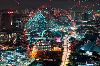 Kuala Lumpur, Malezya, Asya 'nın gece panoramik şehir manzarasında Dünya haritasının hologramı. KL 'deki uluslararası şirketler kavramı. Çoklu Pozlama.