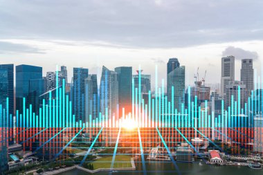 Asya 'daki finans merkezi Singapur' un eski ve borsa hologramı. Uluslararası ticaret kavramı. Çift pozlama.
