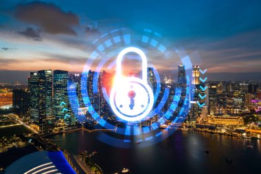 Asya, Singapur 'un günbatımı panoramik şehir manzarasında Padlock' un hologramı. Siber güvenlik istihbaratı kavramı. Çoklu pozlama.