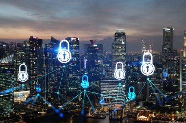 Asya, Singapur 'un günbatımı panoramik şehir manzarasında Padlock' un hologramı. Siber güvenlik istihbaratı kavramı. Çoklu pozlama.