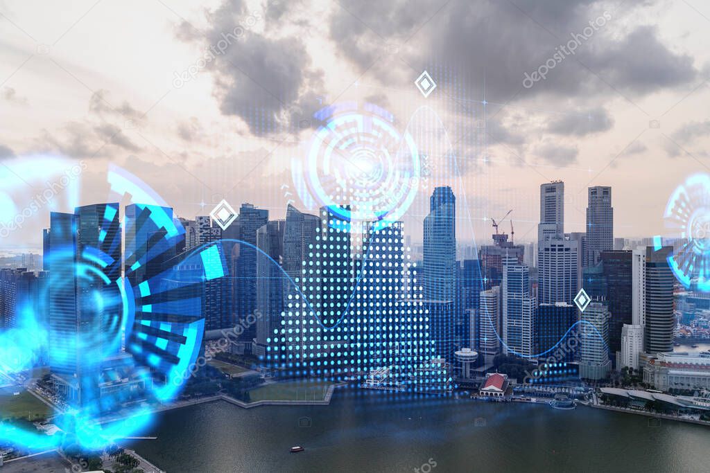 Hologram of abstract technology glowing icons, panoramic cityscape of Singapore at sunset, Asia. The concept of worlds technological changes. Double exposure.
