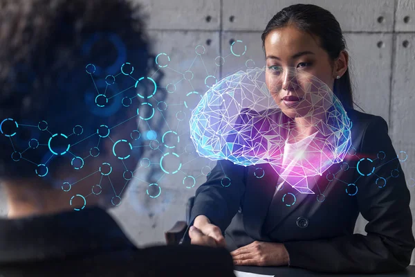 Two woman handshake. Ai concept brain hologram. Multiexposure. International business.