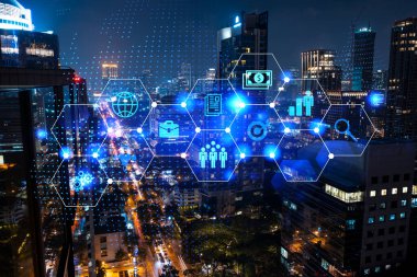 Araştırma ve teknolojik gelişim simgeleri parlıyor. Bangkok 'un panoramik şehir manzarası. Asya 'da yeni hizmetleri veya ürünleri genişleten yenilikçi faaliyetler kavramı. Çift pozlama.