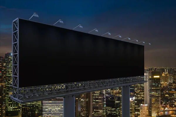 Panneau d'affichage noir vierge avec fond de paysage urbain de Singapour la nuit. Affiche publicitaire, maquette, rendu 3D. Vue latérale. Le concept de communication marketing pour vendre l'idée. — Photo