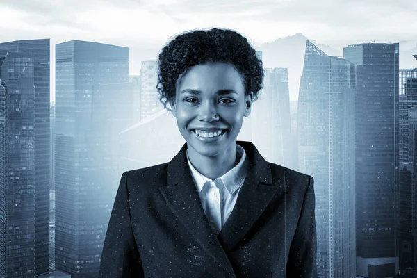 Successful smiling black African American business woman in suit. Singapore cityscape. The concept of woman in business. Legal consultant. Double exposure.