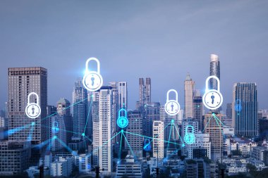 Asya, Bangkok 'un günbatımı panoramik şehir manzarasında Padlock' un hologramı. Siber güvenlik istihbaratı kavramı. Çoklu pozlama.