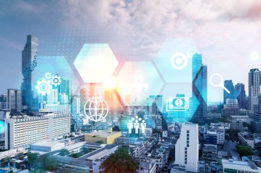Bangkok 'un Panorama şehri görüşü üzerine araştırma ve geliştirme hologramı, Asya' daki ticareti optimize etmek için yeni teknolojilerin merkezi. Fırsatları aşma kavramı. Çift pozlama.