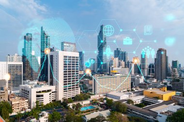 Bangkok 'un Panorama şehri görüşü üzerine araştırma ve geliştirme hologramı, Asya' daki ticareti optimize etmek için yeni teknolojilerin merkezi. Fırsatları aşma kavramı. Çift pozlama.
