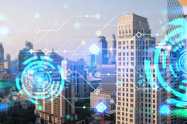 Parlak teknolojik süreç hologramı, gün batımında Bangkok 'un havadan panoramik manzarası. Asya 'daki en büyük yenilikçi teknoloji merkezi. Çoklu pozlama.