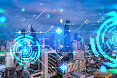Parlak teknolojik süreç hologramı, gün batımında Bangkok 'un havadan panoramik manzarası. Asya 'daki en büyük yenilikçi teknoloji merkezi. Çoklu pozlama.