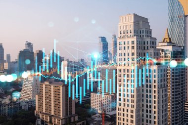 Işık saçan FOREX grafik hologramı, gün batımında Bangkok 'un panoramik şehir manzarası. Asya 'da hisse ve tahvil ticareti. Fon yönetimi kavramı. Çift pozlama.