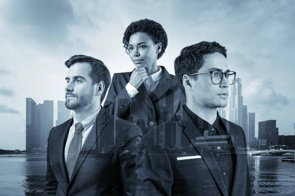 Three successful business consultants standing in a row in suits and ready to tackle with customer problem. Singapore cityscape. Multinational corporate team. Double exposure.