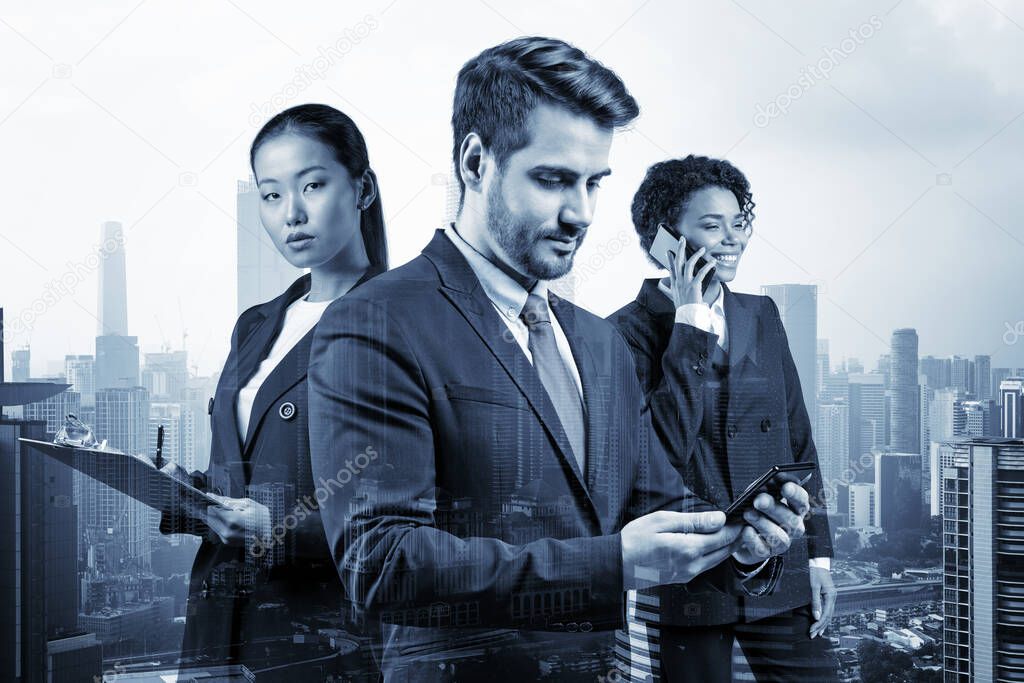 Group of three business colleagues in suits working on project together to gain new career opportunities. Concept of multinational corporate team. Kuala Lumpur. Double exposure.
